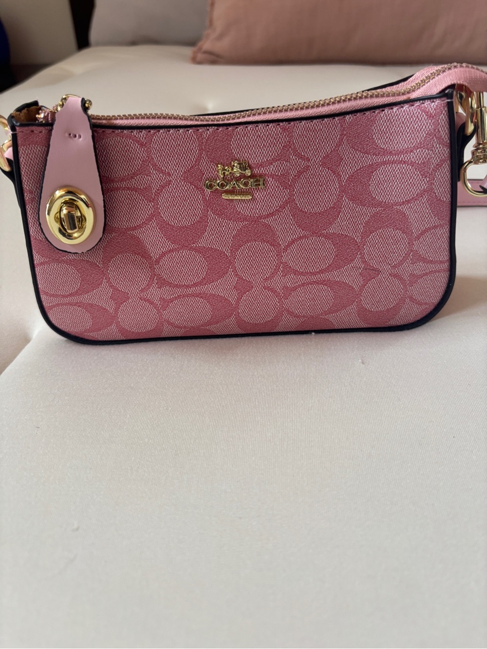 Coach Pink Signature Mini Wristlet with Gold Hardware